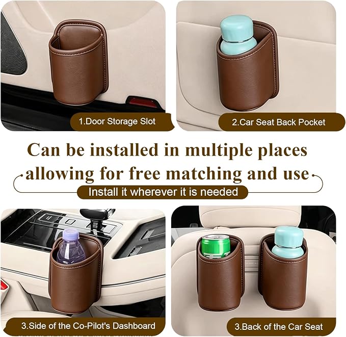 Car Cup Holder, Waterproof Leather Car Door Cup Holder, Clip-On Back Seat Storage Bag & Trash Can, Universal Hanging Drink & Phone Organizer Pocket for Most Cars (Brown)