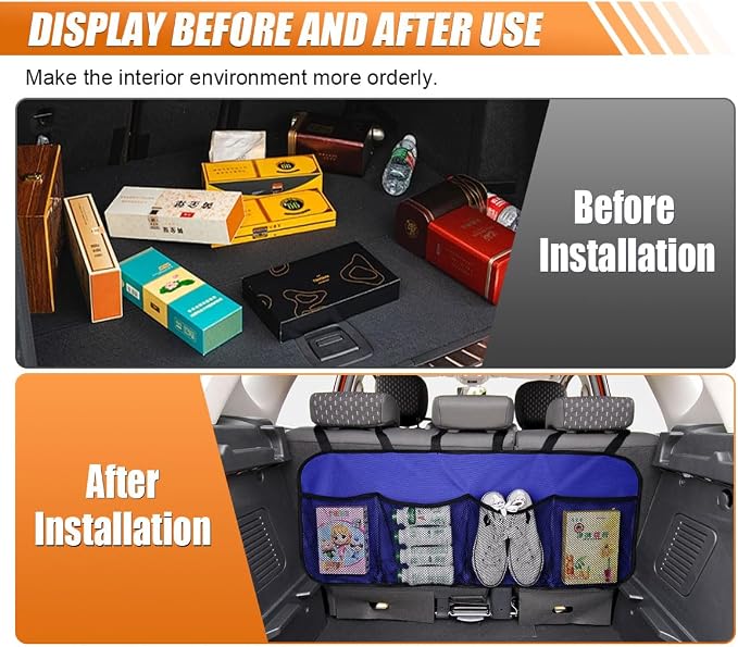 Car Trunk Organizer, Large Capacity Backseat Hanging Storage Bag with 4 Pockets, Waterproof Foldable Car Interior Organizing Accessories, Universal for SUV, Truck, Van, MPV (Blue)
