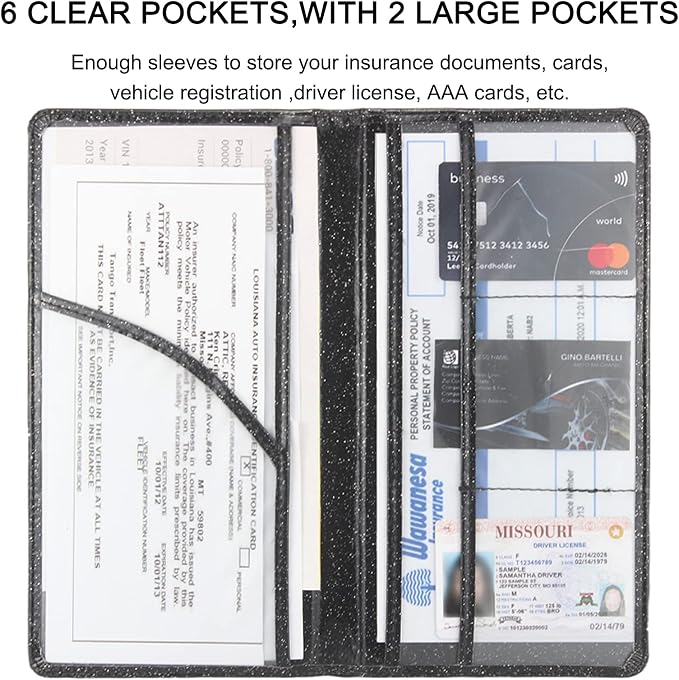 Car Registration and Insurance Holder, Premium Leather Insurance and Registration Holder,vehicle Glove Box Car Organizer, with Magnetic Shut for Cards, Driver License (Glitter Black)