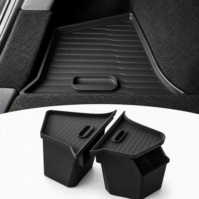 PUOENI New 2025 2026 Model Y Juniper Rear Trunk Storage Bins with Lids 2PCS Refresh Model Y Rear Trunk Storage Box TPE Waterproof Trunk Organizer for Model Y Juniper Interior Accessories