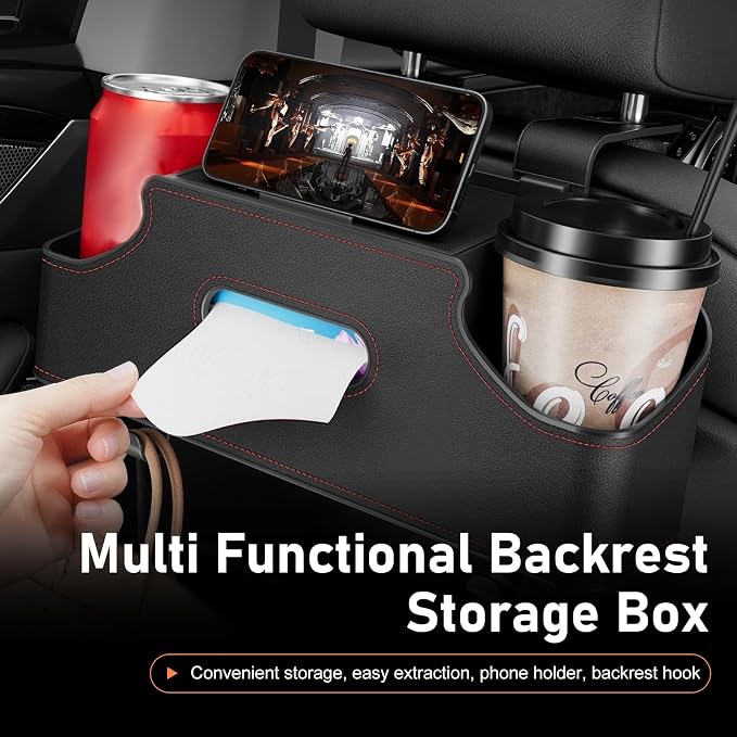 Car Back Seat Organizer, Leather Snap-on Seatback Storage Pocket, Multi-functional Storage Box for Phone Holder Tissues Cup Bracket Hanging Bag, Universal for Most Vehicles (Black)