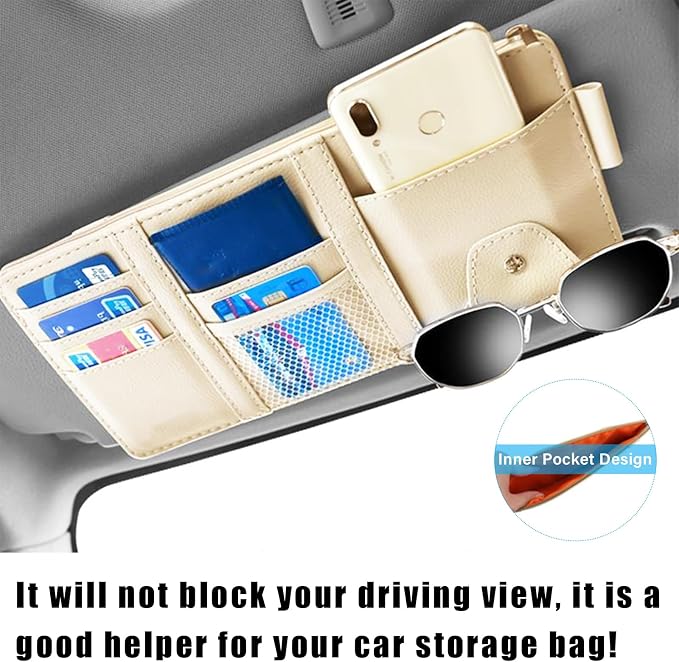 Augeny Car Sun Visor Organizer, Leather Personal Belonging Storage Pouch with Zipper, Car Visor Storage Pouch Sunglasses Holder, Auto Interior Accessories Pocket Organizers (Beige)