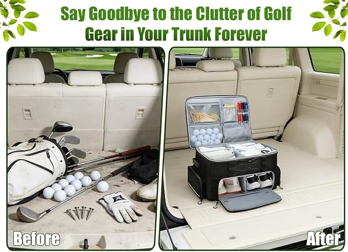 Golf Trunk Organizer, 2 Layer Car Golf Locker with Separate Ventilated Compartment for 2 Shoes, Golf Storage Bag for Golfs Balls, Tees, Glove, Accessories, Black