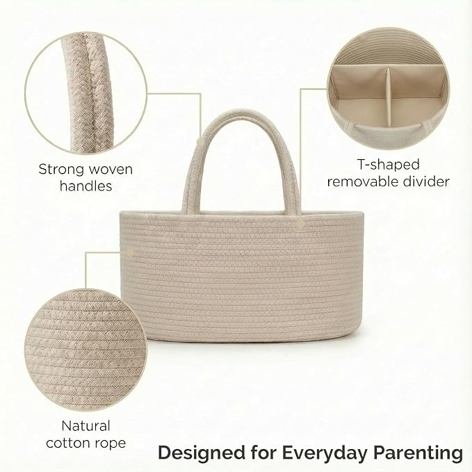 luxury little Diaper Caddy Organizer, Large Cotton Rope Nursery Baby Basket, Changing Table Organizer for Baby Diaper Storage, Portable Car Organizer Removable Divider (Oatmeal, Large)