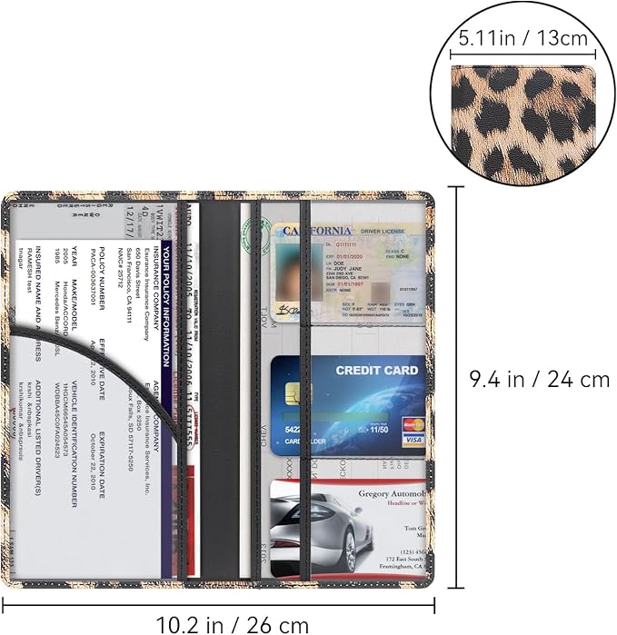 Car Registration and Insurance Holder, Premium Pu Leather Vehicle Glove Box Organizer - for Driver License, Cards & Essential Documents (L-Leopard)