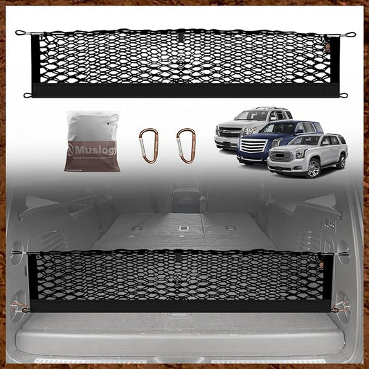 Muslogy Truck Bed Cargo Net Trunk Netting Compatible with 2015-2020 Chevy Tahoe | GMC Yukon | Cadillac Escalade Accessories, Pickup Cargo Organizer SUV Sedan Storage Net w/Heavy Duty Carabiners