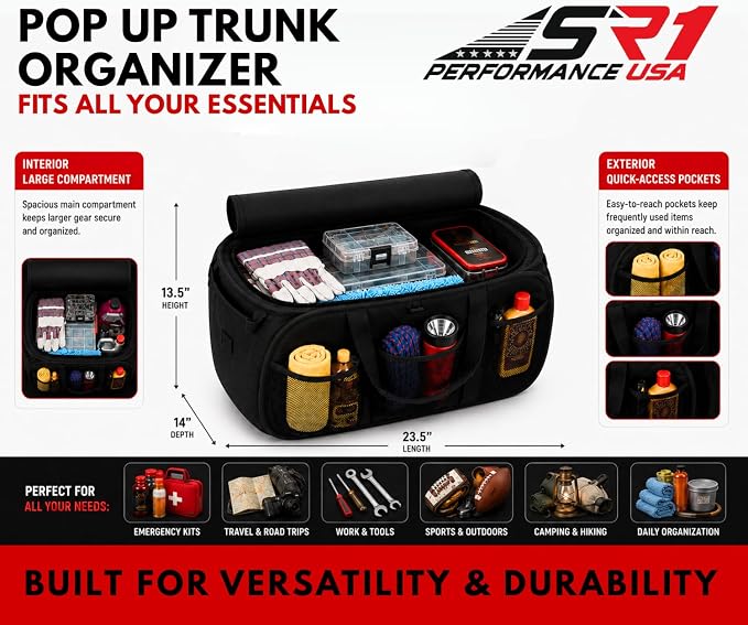 SR1 Performance USA C8 Corvette Trunk Organizer – Expandable Pop Up Collapsible Cargo Storage Caddy for 2020-2026 Chevrolet Corvette Stingray, Z06 & E-Ray – Black with Crossed Flags Logo