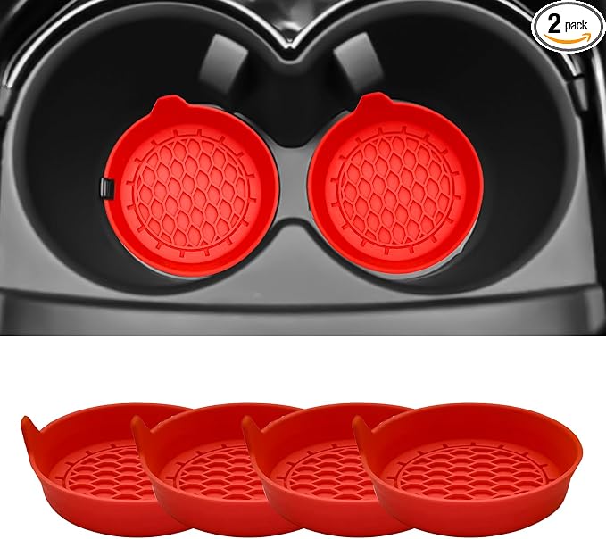 4-Pack Universal Cup Holder Coasters, Black Silicone Inserts - Keep Your Car Clean with Non-Slip & Spill-Proof Coasters for All Vehicles (Red)