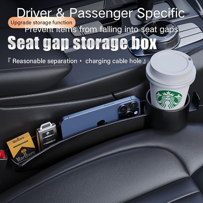 Car Seat Gap Filler Organizer 2 Pack, 4-in-1 Universal Car Seat Gap Plug with Cup Holder & Storage Hook, Front Seat Console Gap Stopper Prevents Dropping, Fits Most Cars SUVs Trucks (Brown)