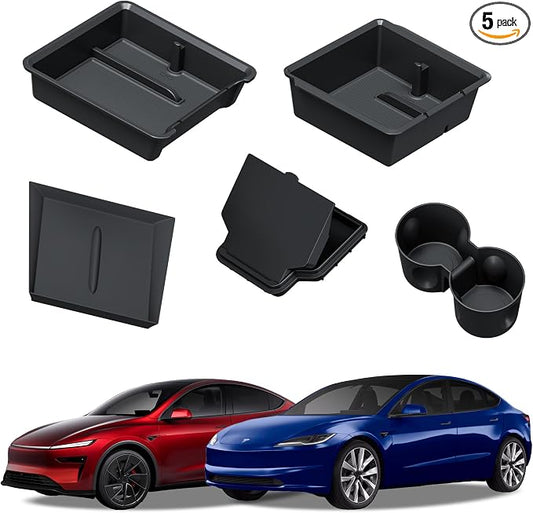 5PCS Center Console Organizer Compatible with 2025-2026 Tesla Model Y Juniper/2024-2026 Model 3 Highland Accessories, Hidden Storage Box, Cup Holder and Silicone Mat(Not Fit Juniper Standard)