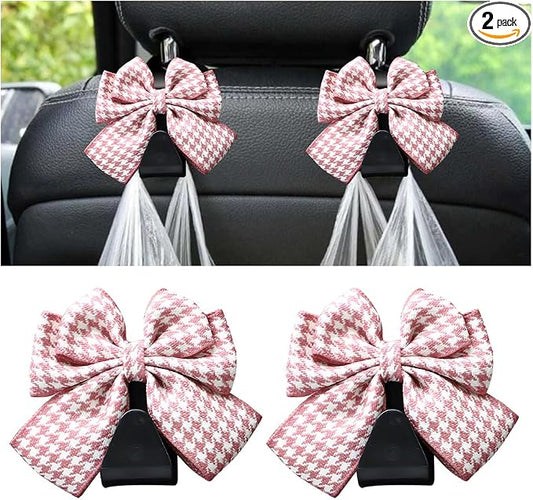 Mandark 2PCS Car Seat Headrest Hooks, Cute Bow Vehicle Hooks for Purses and Bags, Automotive Purse Hook Hanger Interior Decoration Accessories, Universal for SUV, Sedan, Truck (Pink/White)