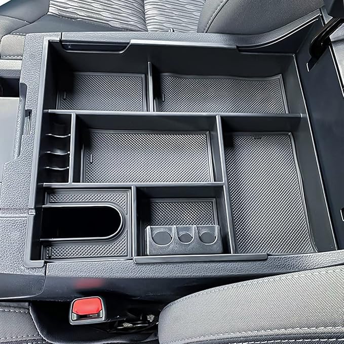 Center Console Organizer Compatible with 2014-2017 2018 2019 2020 2021 Tundra Accessories, Crewmax Interior Armrest Underseat Storage Box- Full-coverage Insert Tray, Black Trim