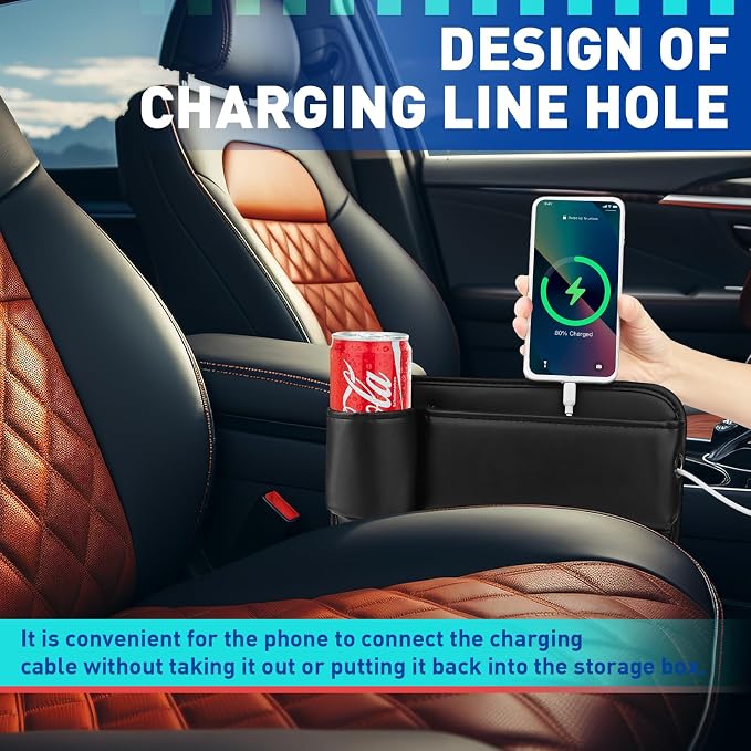 Universal PU Leather Car Seat Gap Filler Organizer with Cup Holder | Center Console Multi-Purpose Essentials Organizer with Phone, Keys, Card Storage Bag, Gifts for Car SUV Truck Owners
