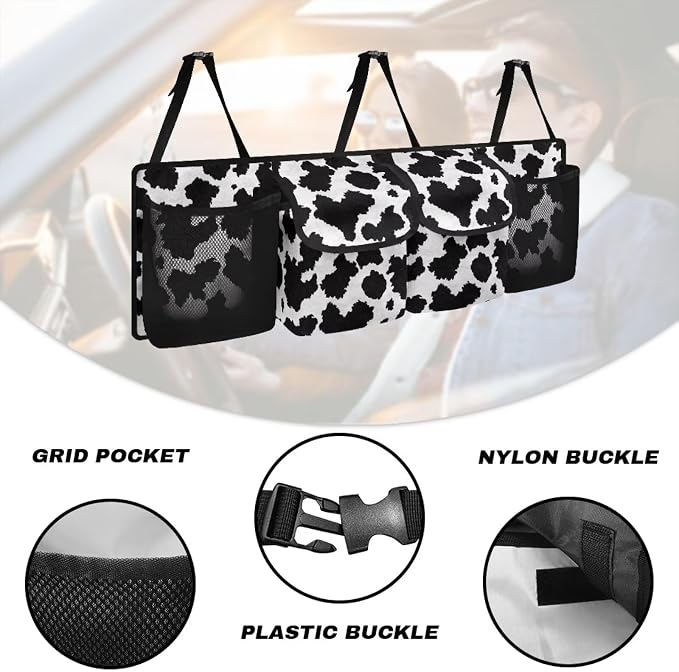 Cow Print Car Trunk Organizer Car Backseat Storage Bag with 4 Pockets Hanging Trunk Cargo Storage Universal Auto Accessories for Sedans SUV Trucks Van