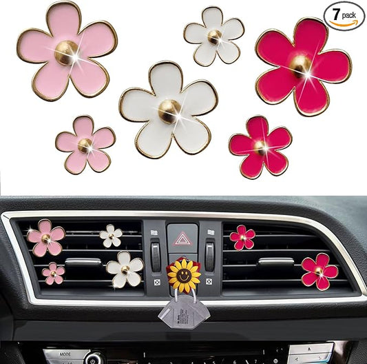 Daisy Air Vent Clips - 6 Pcs Cute Flower Car Diffusers + Mask Hook (Mixed Color)