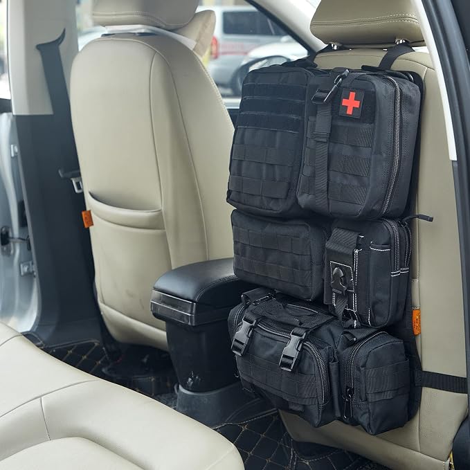 Universal Tactical Seat Back Organizer Vehicle Molle Panel Organizer Storage Bag with 5 Detachable Molle Pouch for All Vehicel Such as Jeep,Truck,SUV, Car, Ford,Chevy etc