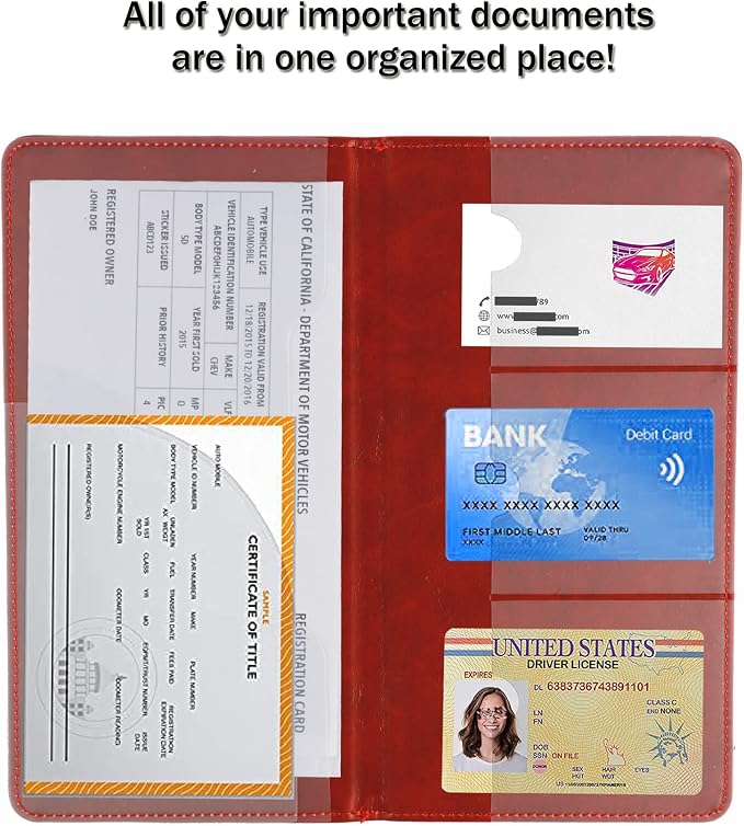 UYYE Auto Car Registration and Insurance Documents Holder - PU Leather Vehicle Glove Box Documents Organizer Wallet, Car Interior Accessories Case Holder for Essential Automobile Documents（Red）