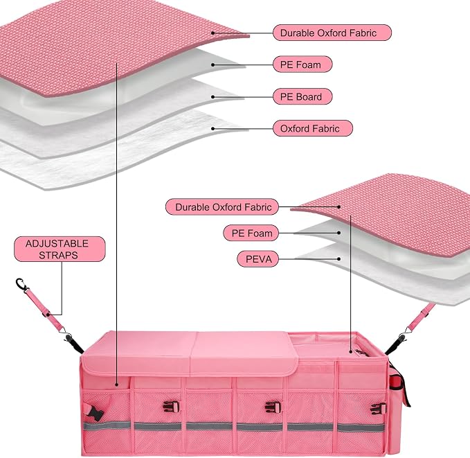 Car Trunk Organizer and Storage with Lid & Removable Leakproof Cooler Bag, Car Accessories 6 Removable Dividers for Custom Space, Collapsible Large Trunk Organizers Interior for SUV & Sendan, Pink