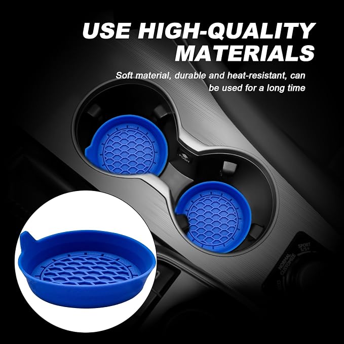 4-Pack Universal Cup Holder Coasters, Black Silicone Inserts - Keep Your Car Clean with Non-Slip & Spill-Proof Coasters for All Vehicles (Blue)