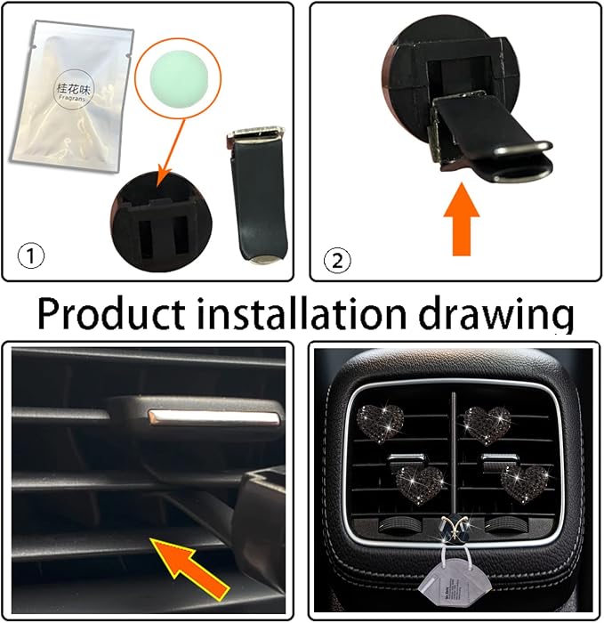 Black Heart Air Vent Clips, 4 Pcs Bling Heart Air Fresheners Vents Clips Diamond Car Interior Decor Charm Cute Car Accessories + Cute Butterfly Mask Hook