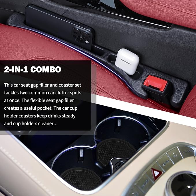 2026 New Car Seat Gap Filler Organizer & Non-Slip Car Coasters for Cup Holders Set,Multifunctional Cars Gap Filler with Phone Holder,Universal No Drop Seat Guard for Cars
