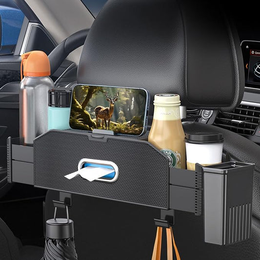 Back Seat Car Organizer,4 in 1 Multifunctional Car Back Seat Storage Box with Trash Can Drink Cup Holder Tissue Box, for Hold Phone,Snacks, Drinks, Handbag-Grid