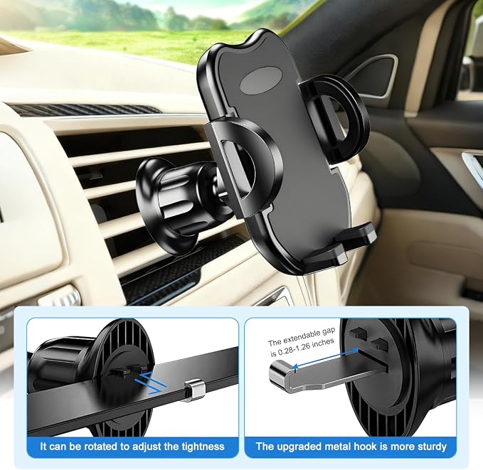 Car Phone Holder, 360° Rotatation Vehicle Air Vent Cell Phone Mount with Hook Clip, Hands Free Automotive Interior Smartphones Cradle, Universal for Most Vehicles (Black)