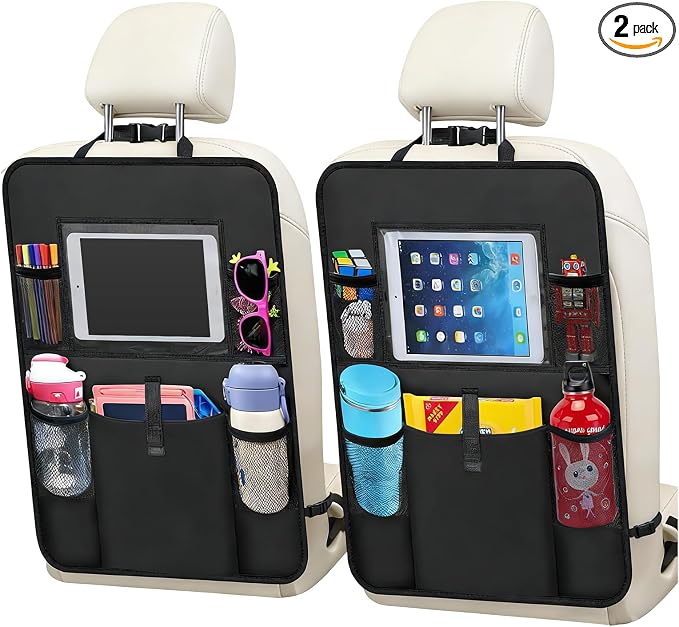 2 PCS Car Backseat Organizer, Multifunctional Seat Back Organizers with Touch Screen Tablet Holder, Waterproof Oxford Seat Back Storage Bag Kick Mats for Most Vehicles
