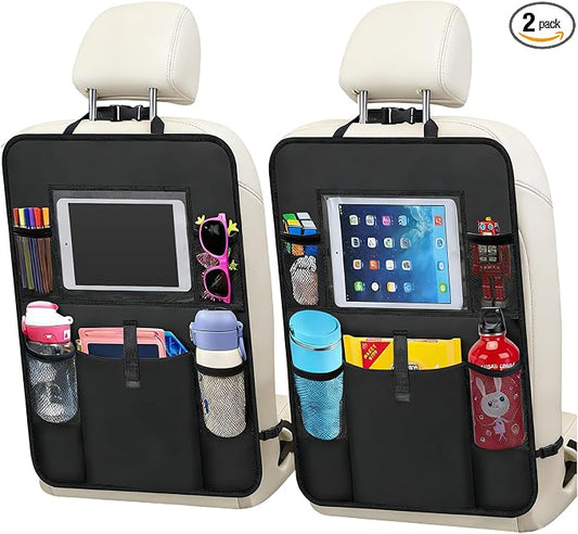 2 PCS Car Backseat Organizer, Multifunctional Seat Back Organizers with Touch Screen Tablet Holder, Waterproof Oxford Seat Back Storage Bag Kick Mats for Most Vehicles