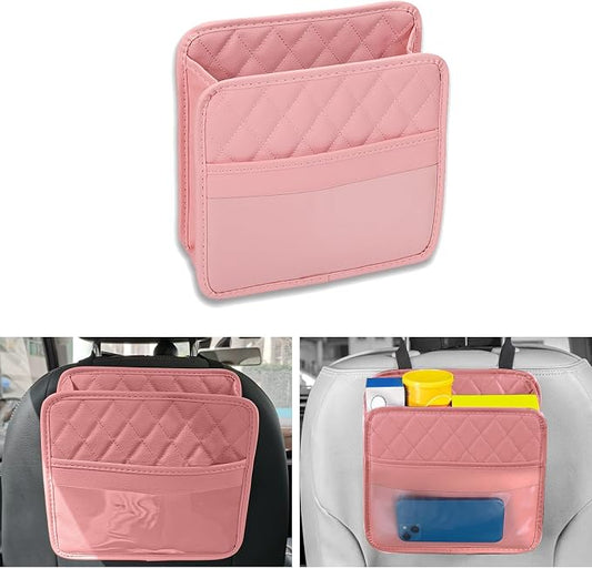 Car Seat Organizer Backseat with Storage Pockets, PU Leather Vehicle Backseat Hanging Storage Pocket, Multipurpose Automotive Travel Essentials Accessories, Universal for Most Cars (Pink)