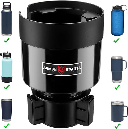 Seven Sparta Car Cup Holder Expander with Offset Adjustable Base, Compatible with Hydro Flasks 32/40 Ounce, Compatible with Yeti Ramblers 20/26/30 Ounce, Other Bottles in 3.4"-3.8" (Black)