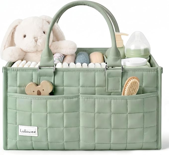 Baby Diaper Caddy Organizer, Portable Nursery Storage Basket with Handle for Newborn Boy or Girl, Gift for Baby Shower Essentials, Registry Must Have Bag, Caddie Car Organizer, Green
