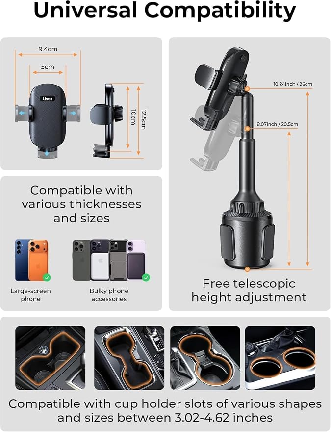 LISEN Cup Holder Phone Holder [No Shaking] Phone Holder for Car, 360° Adjustable iPhone Holder Car Accessories for Women Truck Jeep Golf for iPhone 17 Pro Max 16 15 14 Samsung S25 All 4-7'' Phone