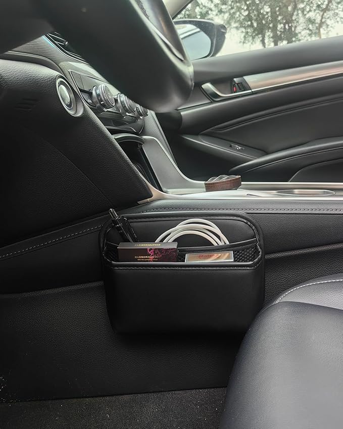 Driver's Car Storage Bag, Small Car Side Pocket Organizer for Car Seats, Doors and Consoles, PU Leather, (Black)