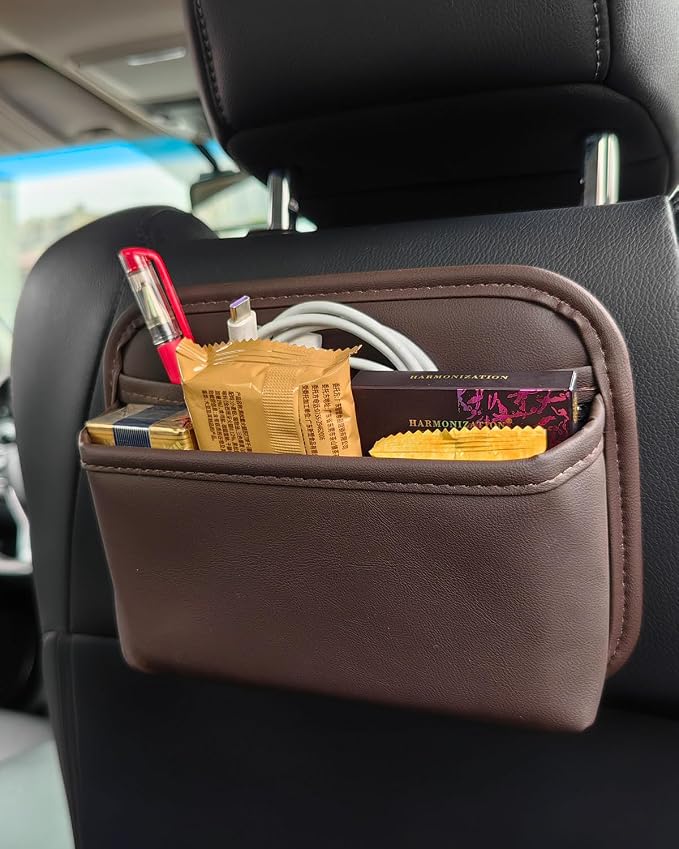 Driver's Car Storage Bag, Small Car Side Pocket Organizer for Car Seats, Doors and Consoles, PU Leather (Brown)