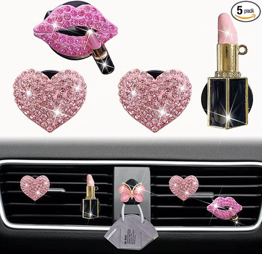 Bling Heart 4 Pcs Pink Lip Air Vent Clips + Butterfly Mask Hook