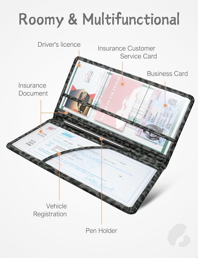 Mymazn Car Registration and Insurance Holder, PU Leather Glove Box Car Organizer with Magnetic Closure, Car Document Holder for Driver's License & Essential Documents (Grey Leopard)