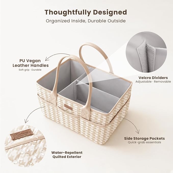 Konssy Quilted Diaper Caddy Organizer, Diaper Caddy Basket with PU Leather Handles, Water-Repellent Nursery Storage Basket, Portable Car Organizer, Registry Search Must Haves (Apricot Hound)