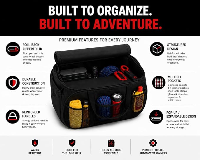 SR1 Performance USA Dodge Pop Up Cargo Organizer – Expandable Collapsible Trunk Storage Caddy for Challenger, Charger, Durango, Hornet, Dart & More – Black with Logo
