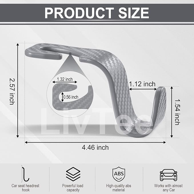 LivTee Car Purse Hook, 4 Pack Universal Auto Seat Headrest Hook Hangers Organizer for Coats, Umbrellas, Groceries - Carbon Fiber Gray