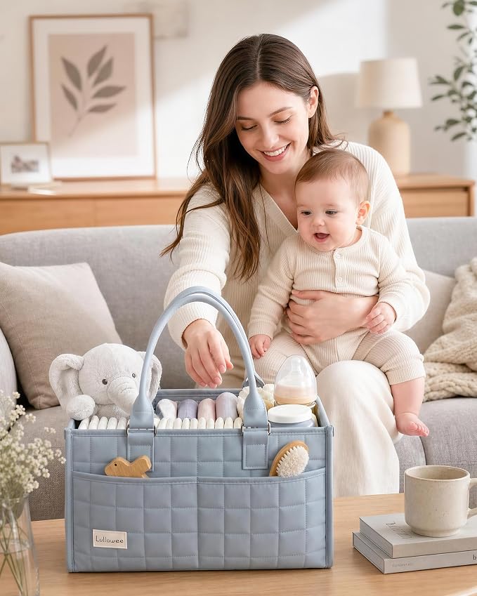 Baby Diaper Caddy Organizer, Portable Nursery Storage Basket with Handle for Newborn Boy or Girl, Gift for Baby Shower Essentials, Registry Must Have Bag, Caddie Car Organizer, Blue