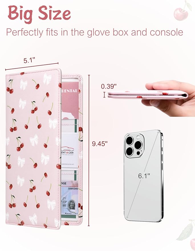 Mymazn Car Registration and Insurance Holder, PU Leather Glove Box Car Organizer with Magnetic Closure for Driver's License & Essential Documents (Pink Cherry)