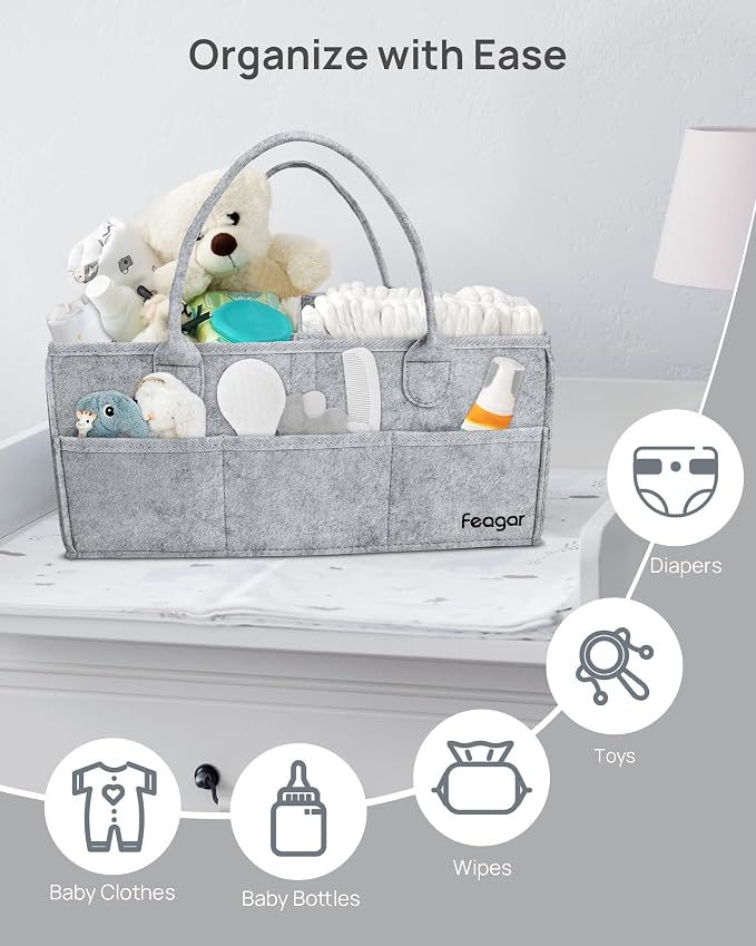 Feagar Baby Diaper Caddy Organizer with Handle, 15 Inch Large 2 Pack Set with 8 Pockets & 2 Dividers, Portable Nursery Storage Basket & Car Organizer for Changing Table, Travel (Grey)