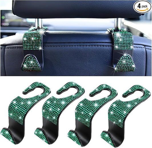 Mandark 4PCS Bling Car Seat Headrest Hooks, Crystal Rhinestone Vehicle Seat Back Hanger for Grocery Purses Handbags, Diamond Auto Seatback Storage Organizer Hanger, Universal for Most Cars (Green)