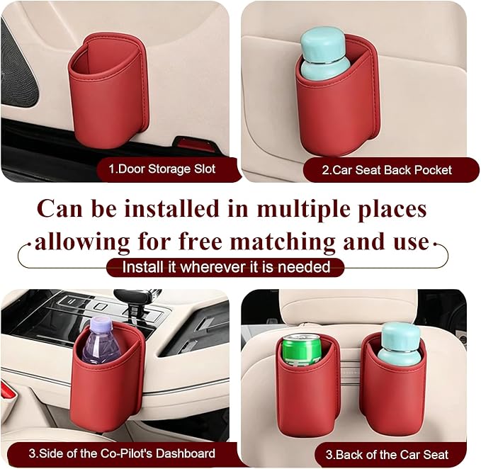 Car Cup Holder, Waterproof Leather Car Door Cup Holder, Clip-On Back Seat Storage Bag & Trash Can, Universal Hanging Drink & Phone Organizer Pocket for Most Cars (Red)