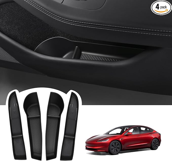 BASENOR 2026 2025 2024 Tesla Model 3 Door Side Storage Box, Door Pocket Liners, (Proprietary Design) TPE Front & Rear Side Organizer Tray Protector Liner for Model 3 Highland Set of 4