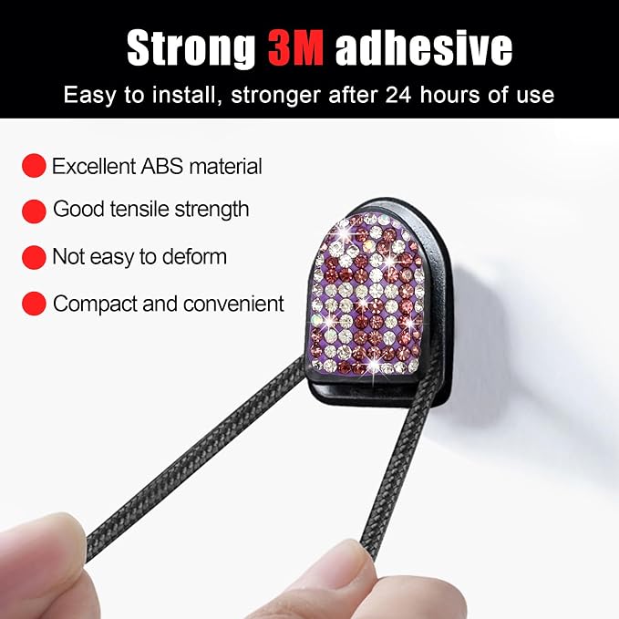Yourkar 4PCS Bling Car Mini Hooks, Multifunctional Adhesive Small Auto Storage Hook for Key Cable Mask, Crystal Rhinestone Dashboard Hanging Hook, Interior Decor Car Accessories (Purple)