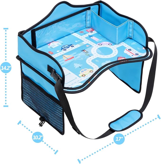 Kids Travel Tray for Car, Boy's Safety Seat Table, Carseat Lap Desk | Weight-Relief Strap, Non-Skid Silicone Base, Waterproof Dining/Craft Mat