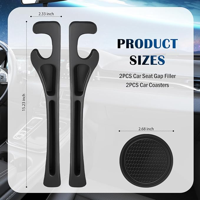 Upgraded Car Seat Gap Filler Organizer Set with Non-Slip Car Coasters,in Between Car Seat Catcher with Dual Slot,Flexible Seats Gap Filler Strip for Filling Gaps & Storing Items