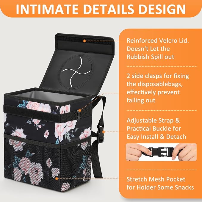 Vankor 4.2 Gallons Car Trash Can with Lid, Bag Bin Hanging Waterproof Automotive Car Garbage Cans Leak Proof Vehicle Trash Can for Truck SUV,Black Floral